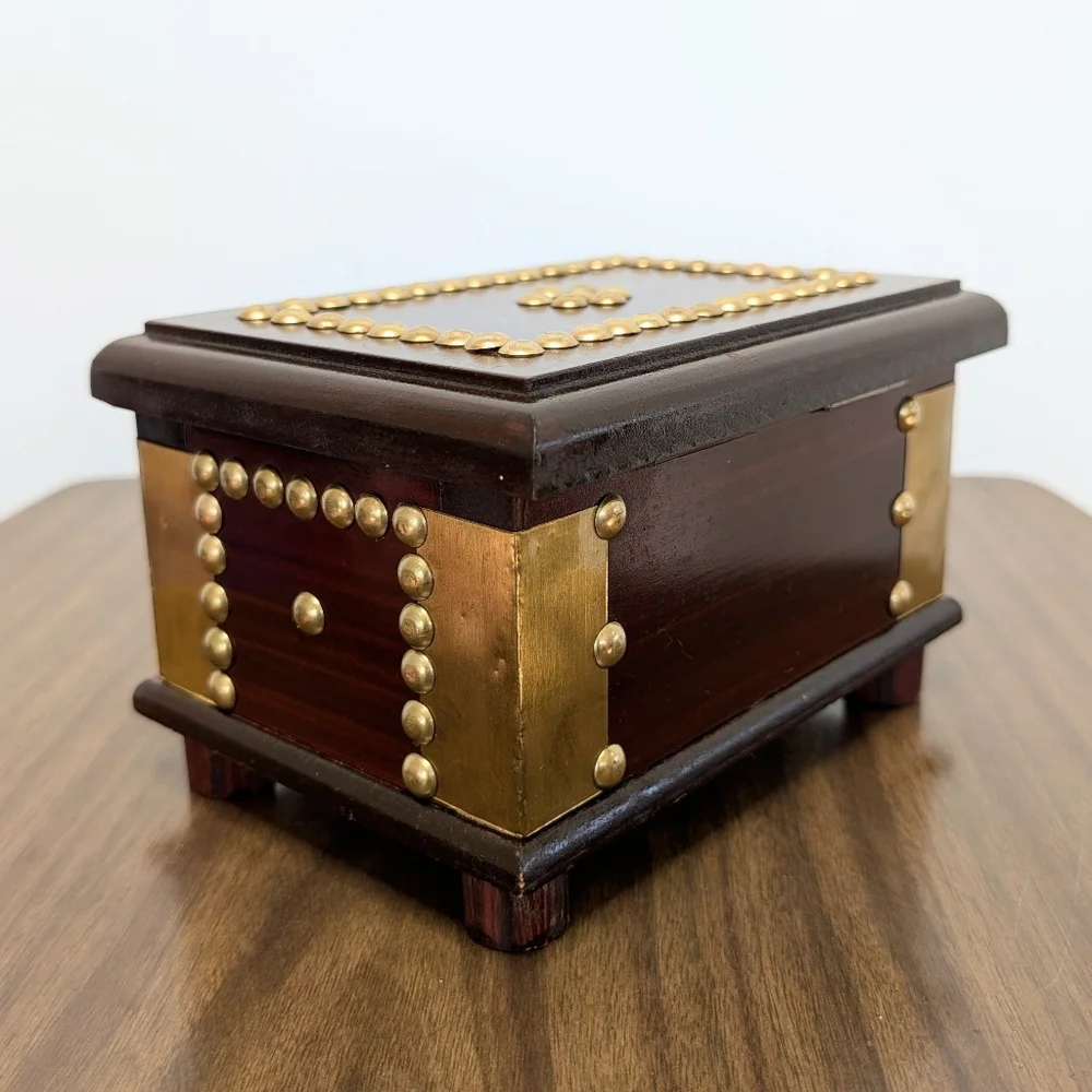 Vintage Dark Red Brown Mahogany Color Wooden Box With Gold Tone Brass Details